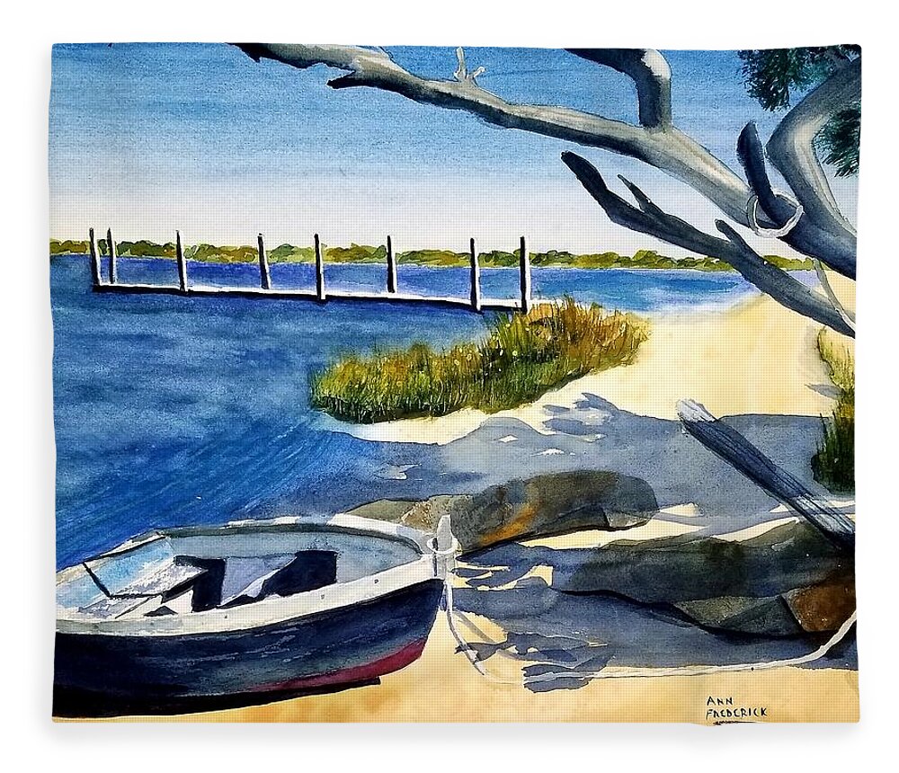 St. Augustine Fleece Blanket featuring the painting Boat on a Rope by Ann Frederick