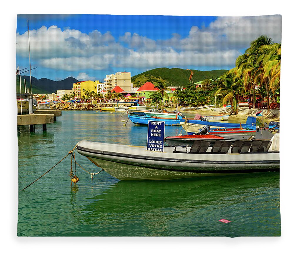 Boats; Travel; Color; Water; Clouds; Skies; Landscape Fleece Blanket featuring the photograph Boats in Saint Maarten #1 by AE Jones