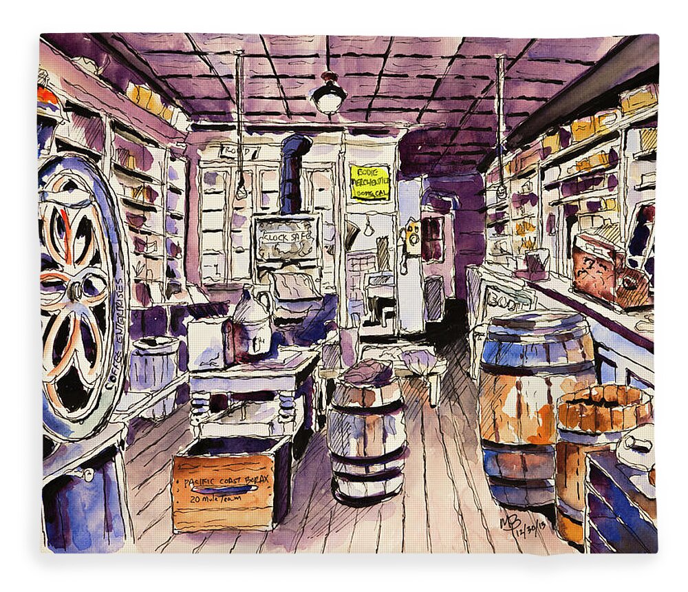 Bodie Fleece Blanket featuring the drawing Bodie General Store by Mike Bergen