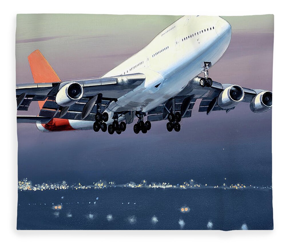 Aircraft Fleece Blanket featuring the painting Boeing 747 by Jack Fellows