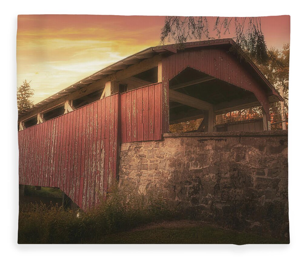 Bogert Fleece Blanket featuring the photograph Bogert Covered Bridge Romantic Light by Jason Fink