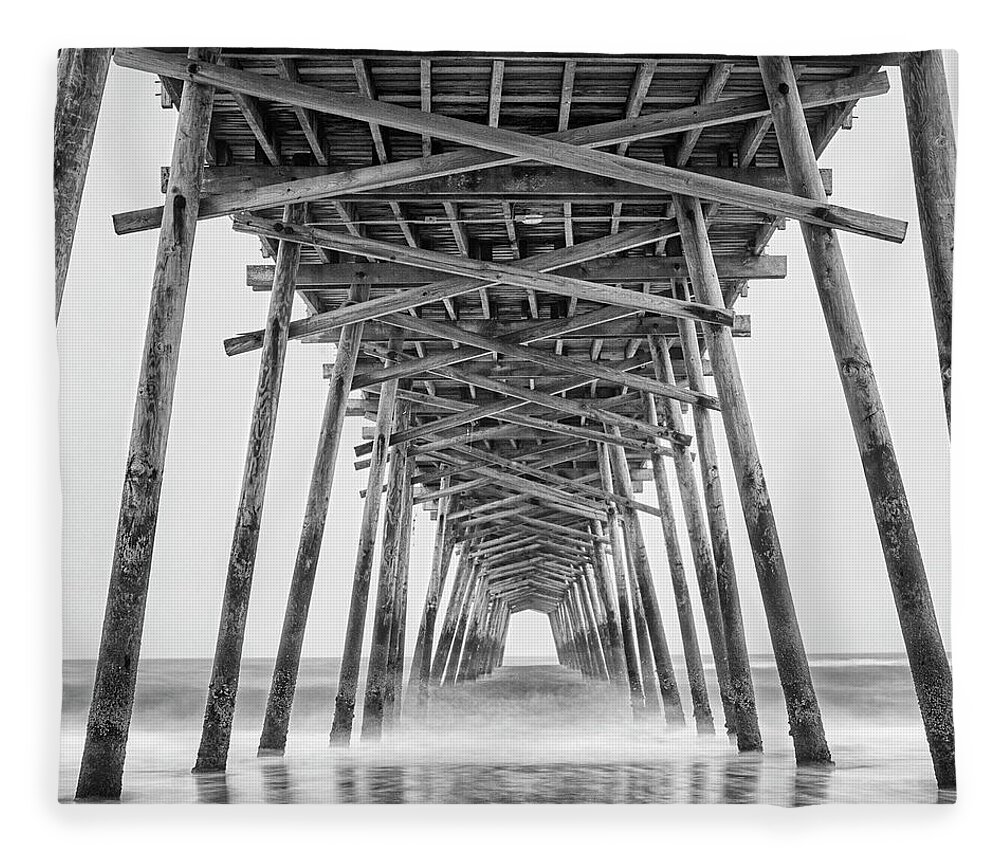Bogue Inlet Fleece Blanket featuring the photograph Bogue Inlet Fishing Pier on a Foggy Evening by Bob Decker