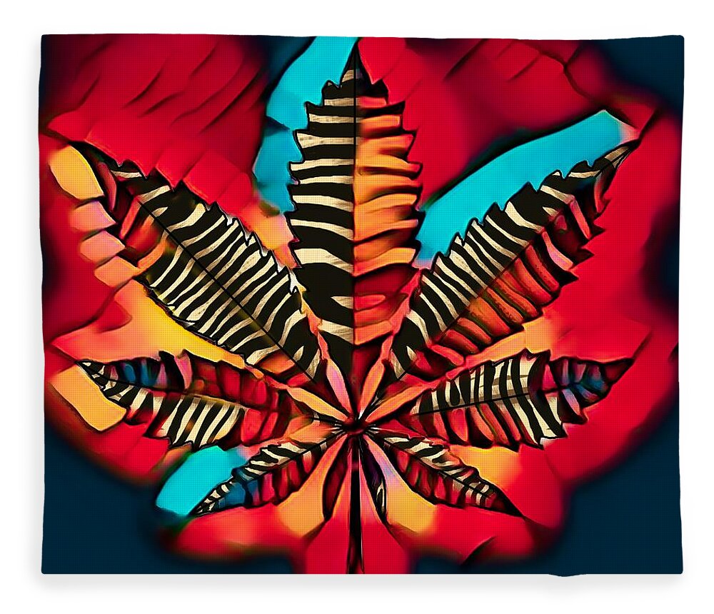 Marijuana Leaf Fleece Blanket featuring the mixed media Bold Zebra Striped Marijuana Leaf by Joan Stratton