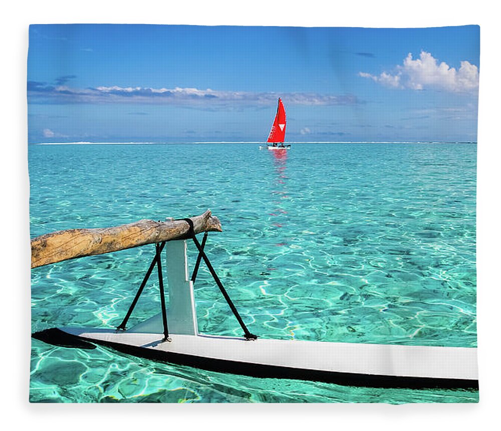 Bora Bora Fleece Blanket featuring the photograph Bora Bora lagoon, pirogue versus catamaran by Lyl Dil Creations