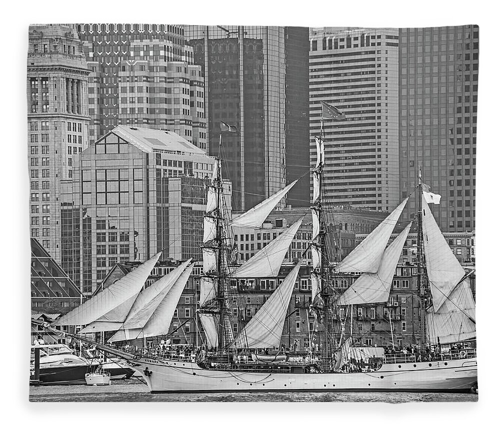 Boston Fleece Blanket featuring the photograph Boston Tall Ship Parade 2017 Sailboat Boston MA Watefront Black and White by Toby McGuire