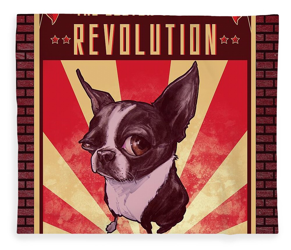 Boston Terrier Fleece Blanket featuring the drawing Boston Terrier REVOLUTION by John LaFree