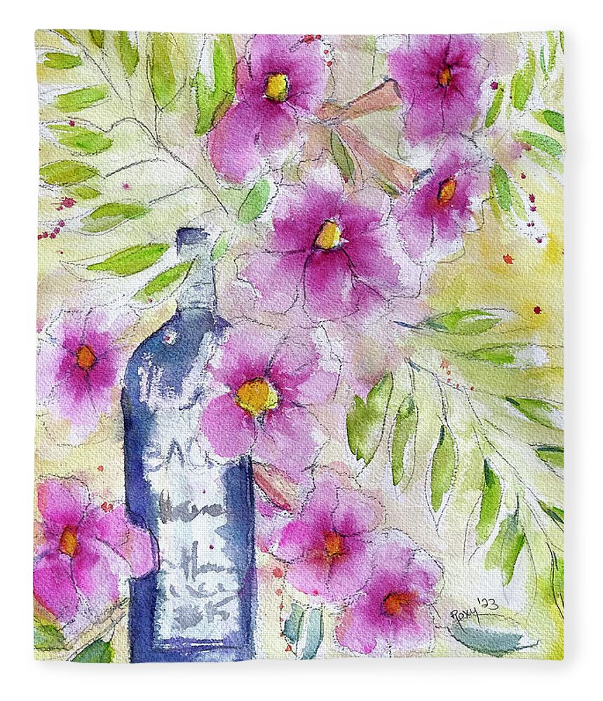 Wine Bottle Fleece Blanket featuring the painting Bottle and Blooms by Roxy Rich