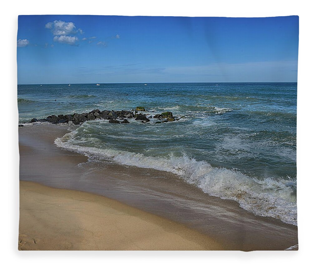 Bradley Beach Fleece Blanket featuring the photograph Bradley Beach Surf and Jetty by Alan Goldberg