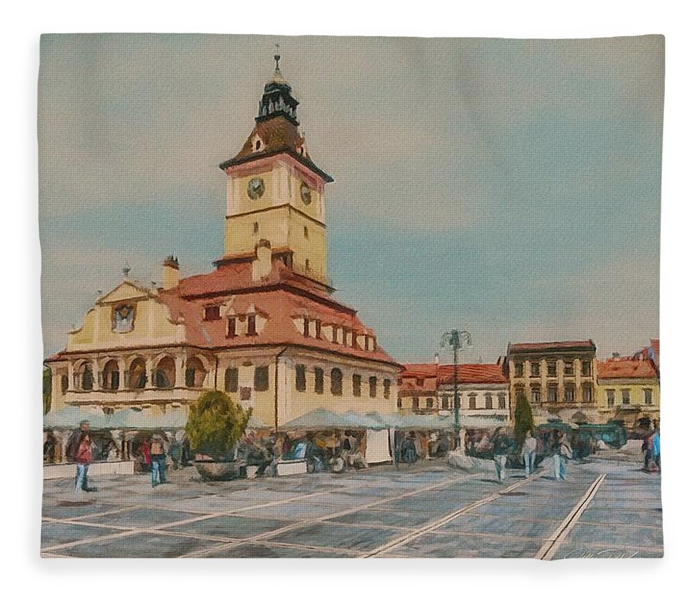 Brasov Fleece Blanket featuring the painting Brasov Council Square 2 by Jeffrey Kolker