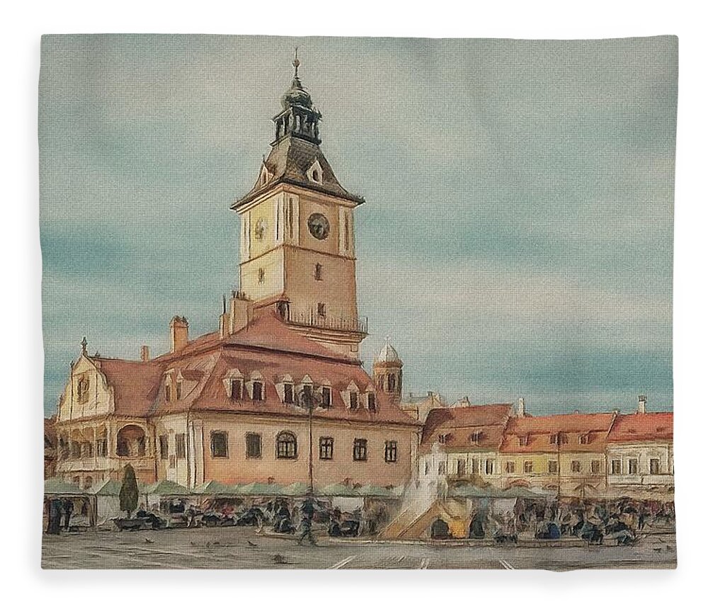 Romania Fleece Blanket featuring the painting Brasov Council Square 3 by Jeffrey Kolker