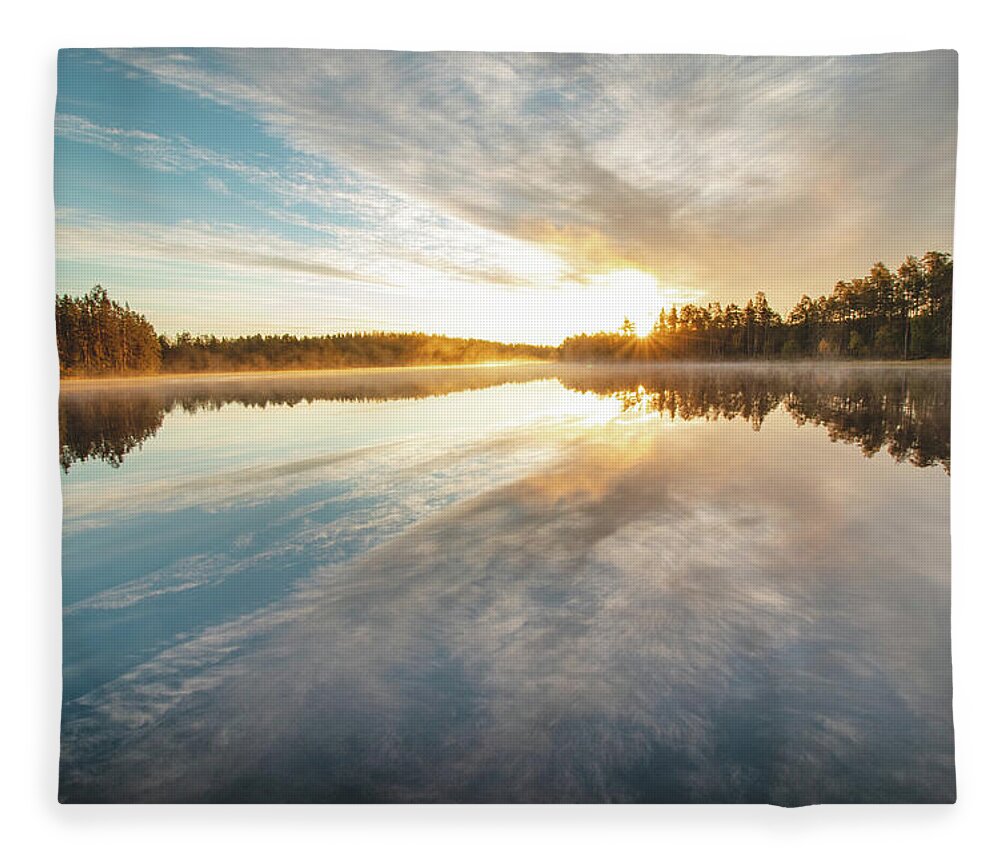Lake Jatkonjärvi Fleece Blanket featuring the photograph Breathtaking sunrise at Lake Jatkonjarvi by Vaclav Sonnek