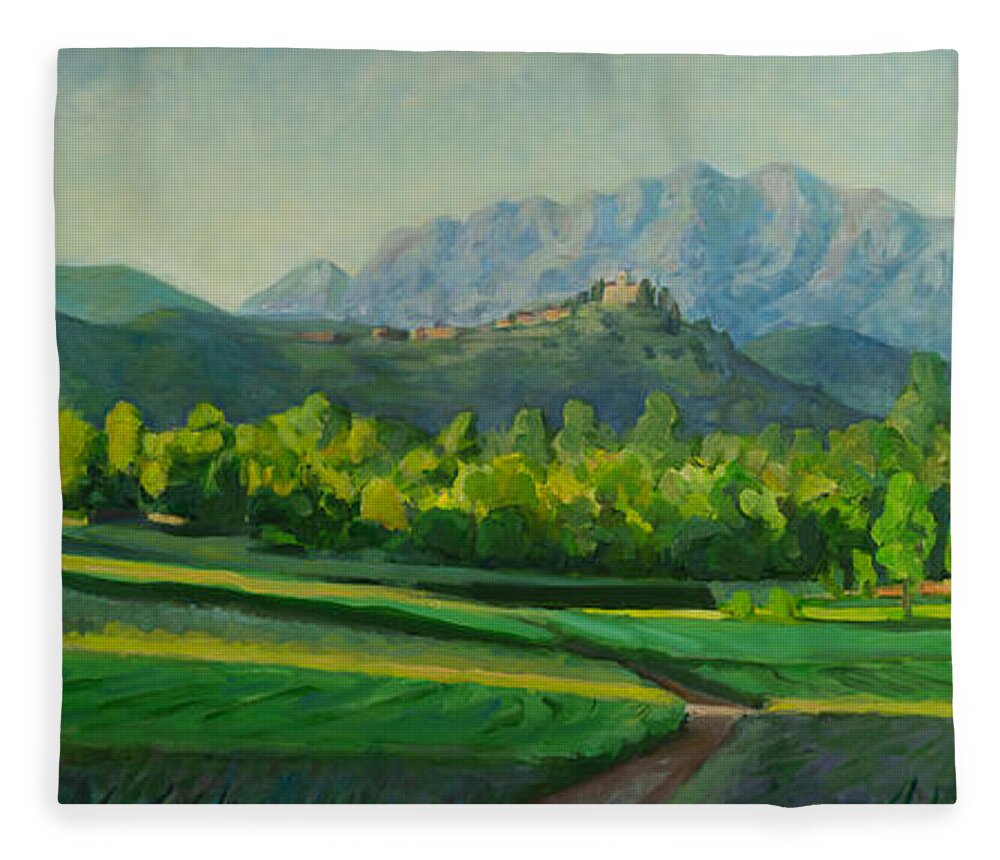Landscape Fleece Blanket featuring the painting Brianza in yellow light by Marco Busoni