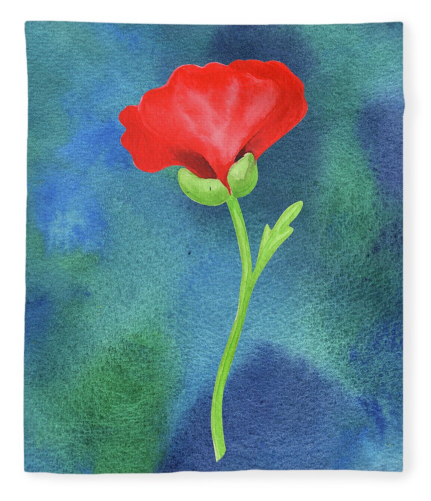 Poppy Fleece Blanket featuring the painting Bright Beautiful Red Poppy Flower Happy Wildflower On Blue Watercolor II by Irina Sztukowski