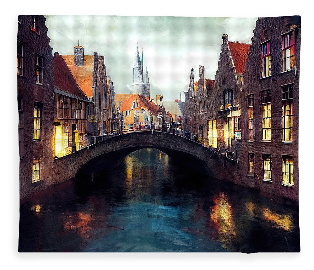 Belgium Fleece Blanket featuring the painting Bruges, Belgium - 16 by AM FineArtPrints