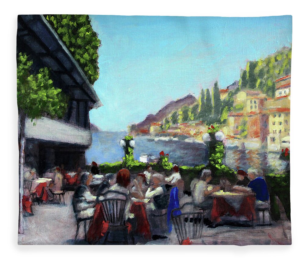 Dining Outside Fleece Blanket featuring the painting Brunch on Lake Como by David Zimmerman
