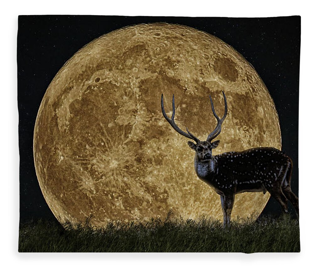 Hunter Fleece Blanket featuring the digital art Buck Moon Rising by Brad Barton