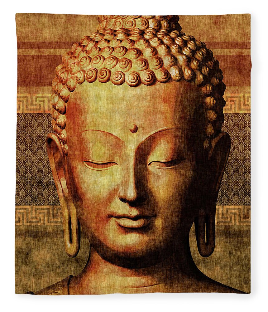 Buddha Fleece Blanket featuring the mixed media Buddha - Golden Tranquility by Studio Grafiikka