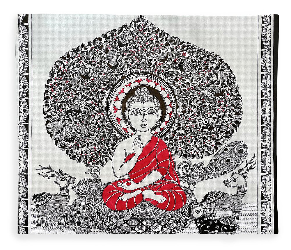  Fleece Blanket featuring the painting Buddha Meditating by Jyotika Shroff