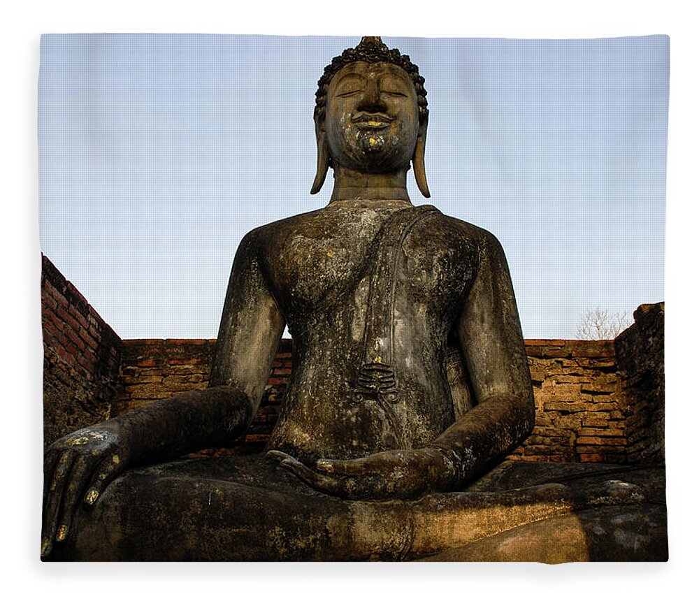 Sukhothai Fleece Blanket featuring the photograph Buddha Statue, Sukhothai Kingdom Ruins, Thailand by Earth And Spirit