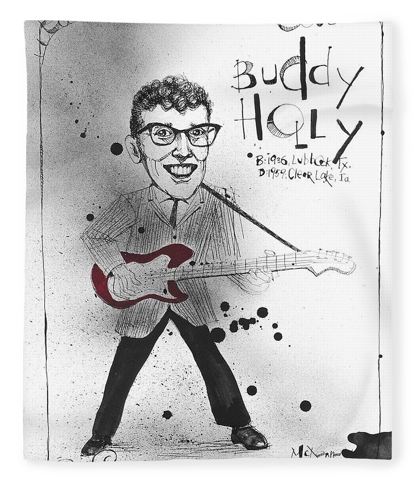  Fleece Blanket featuring the drawing Buddy Holly by Phil Mckenney