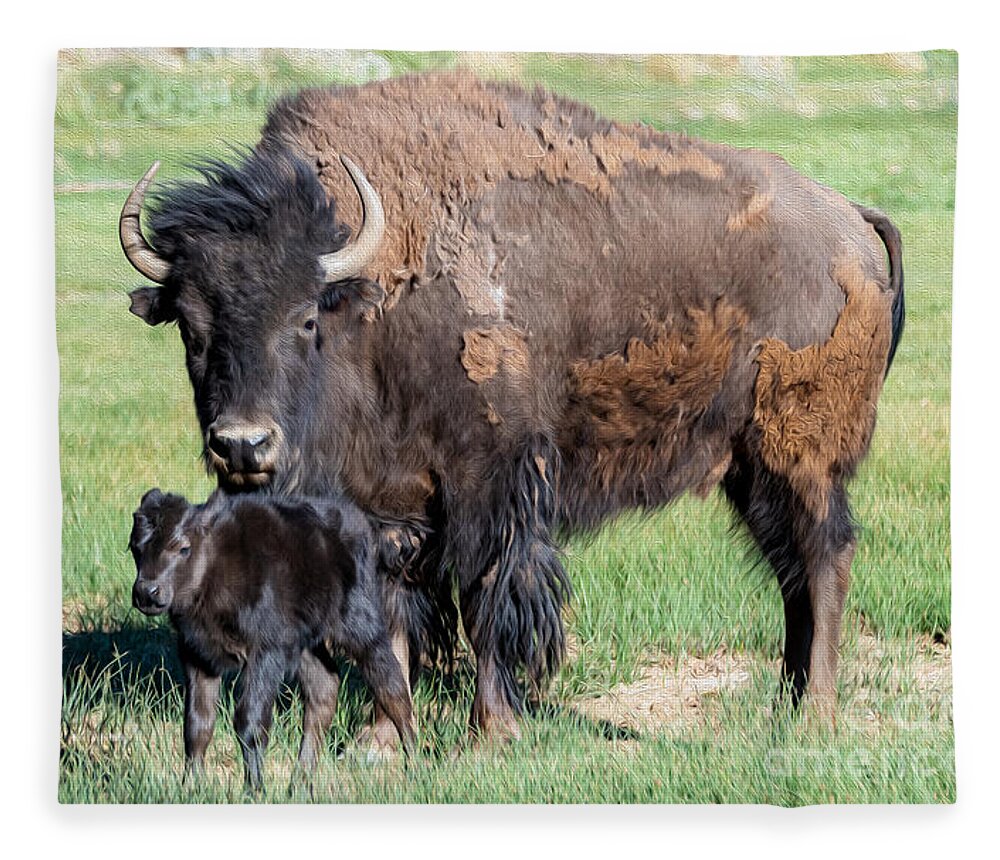 Buffalo And Baby Beefalo Fleece Blanket featuring the digital art Buffalo and baby Beefalo by Tammy Keyes