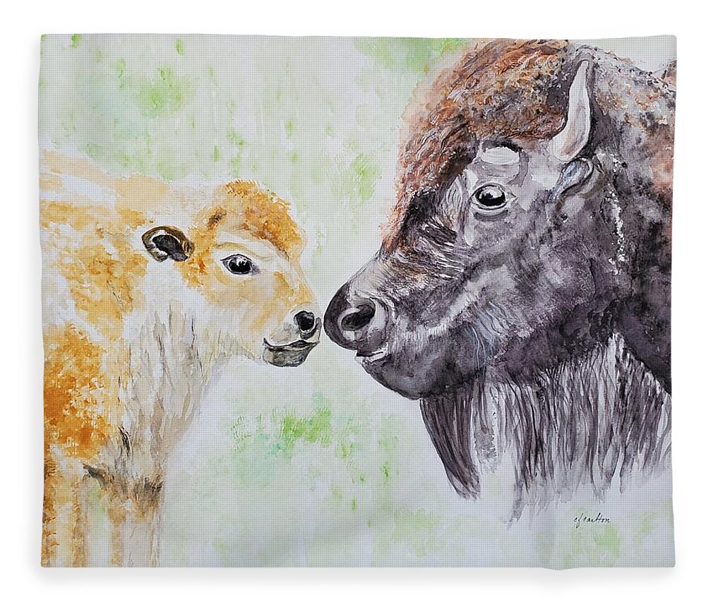 Bison Cow Fleece Blanket featuring the painting Bison Love - Watercolor by Claudette Carlton