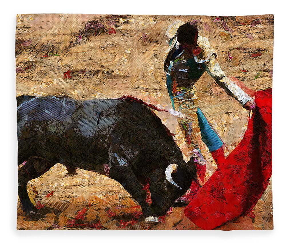 Bull Fleece Blanket featuring the painting Bullfighting by Charlie Roman