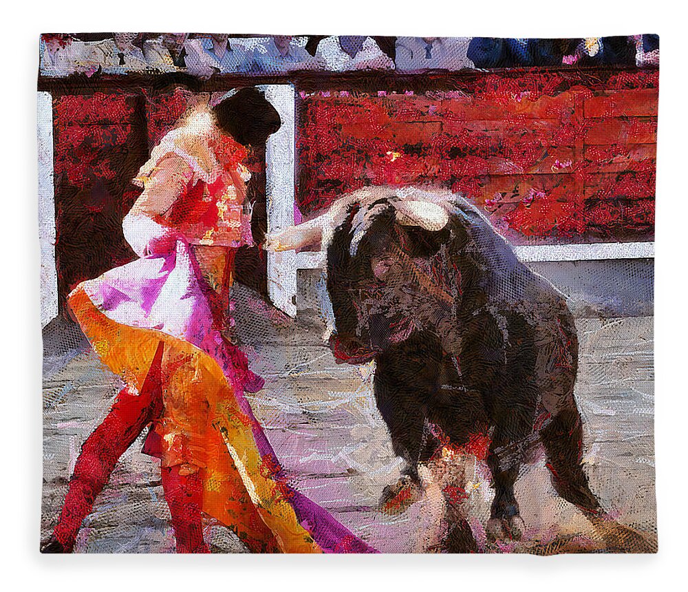 Bull Fleece Blanket featuring the painting Bullfighting in Spain by Charlie Roman