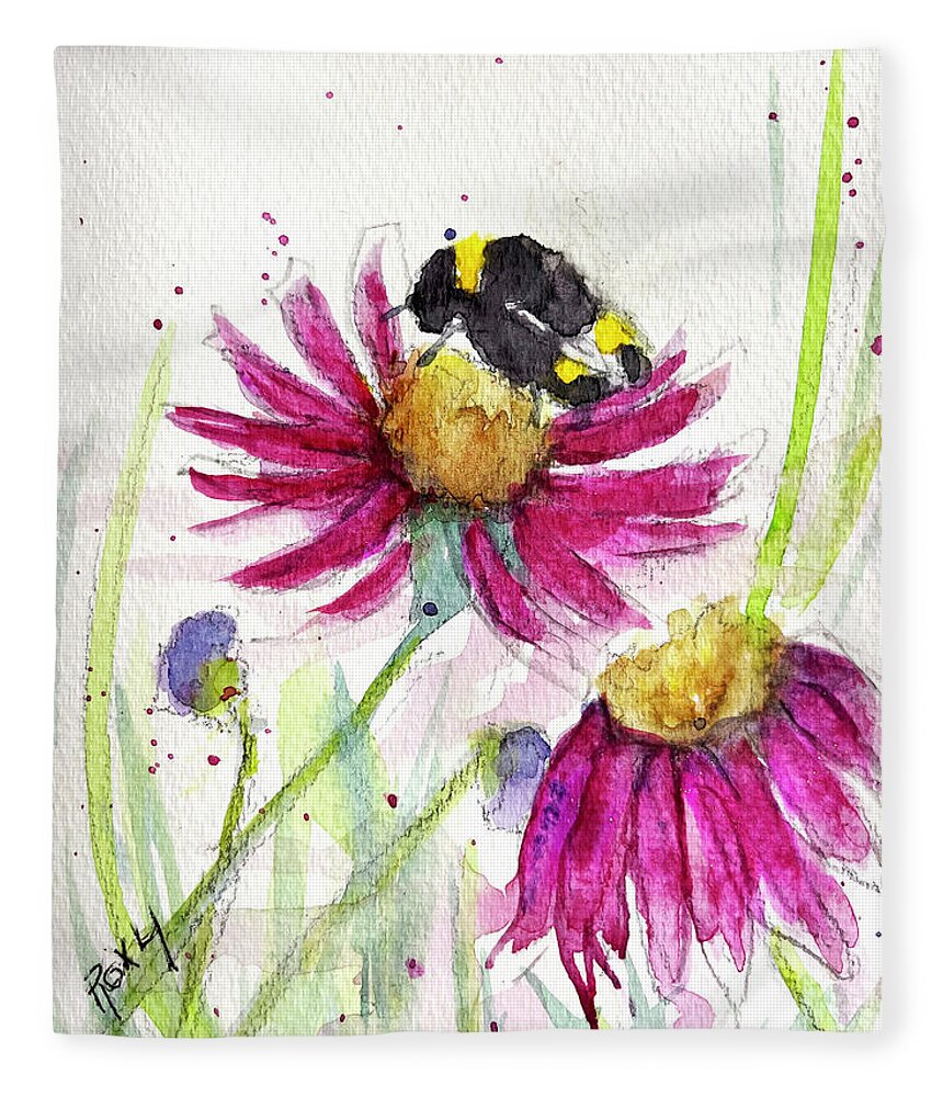 Bee Painting Fleece Blanket featuring the painting Bumble Bee in the Coneflowers by Roxy Rich