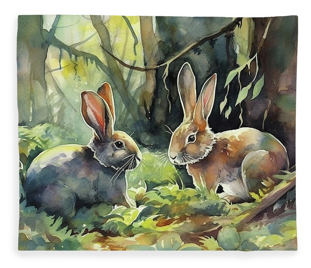 Springtime Fleece Blanket featuring the digital art Bunnies in the Woods by Annalisa Rivera-Franz