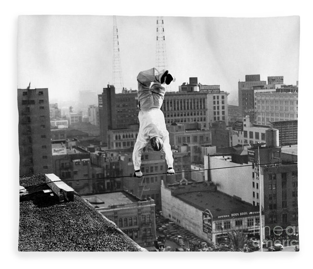 Highwire Walker Fleece Blanket featuring the photograph Bunny Dryden Highwire Act Los Angeles 1936 by Sad Hill - Bizarre Los Angeles Archive