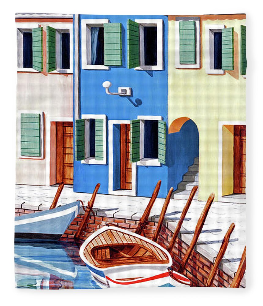Boats Fleece Blanket featuring the painting BURANO, ITALY -prints of oil painting by Mary Grden