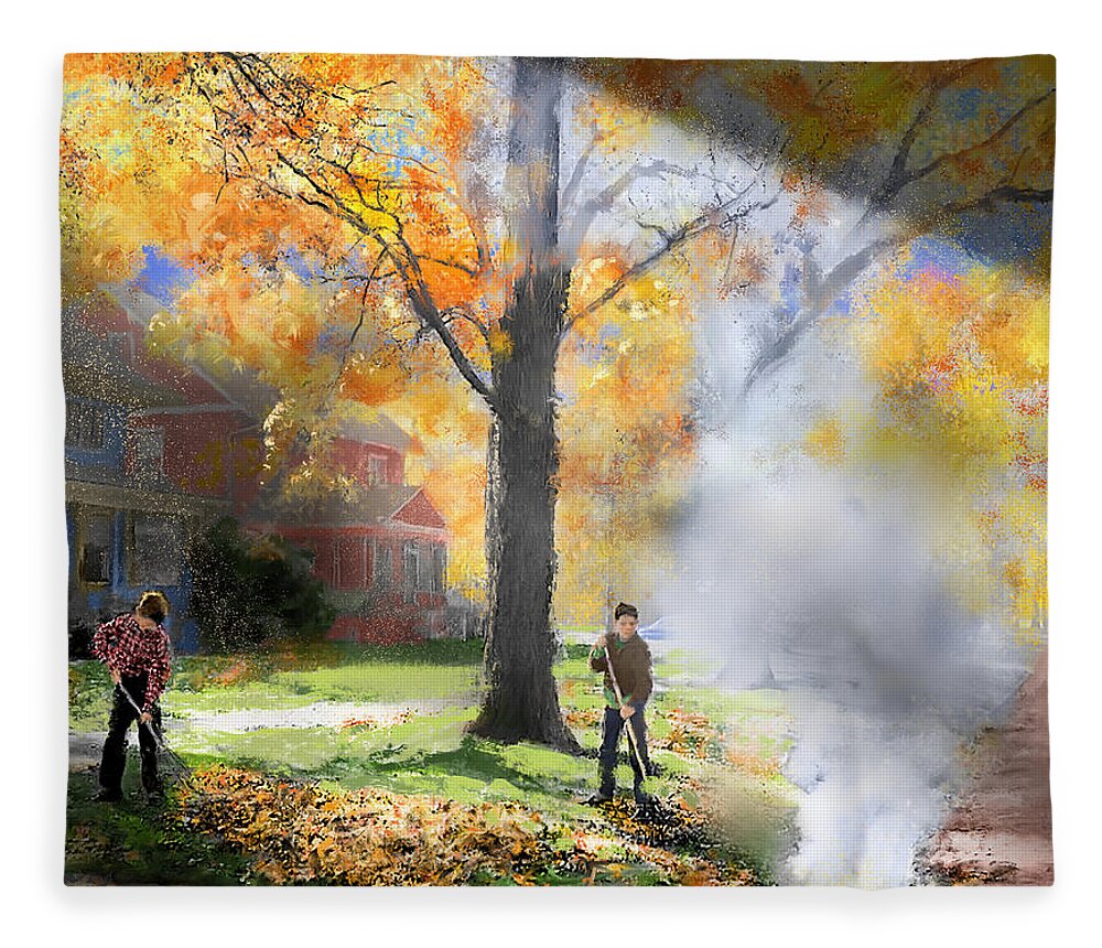 Autumn Fleece Blanket featuring the digital art Burning The Leaves - 1950s by Glenn Galen