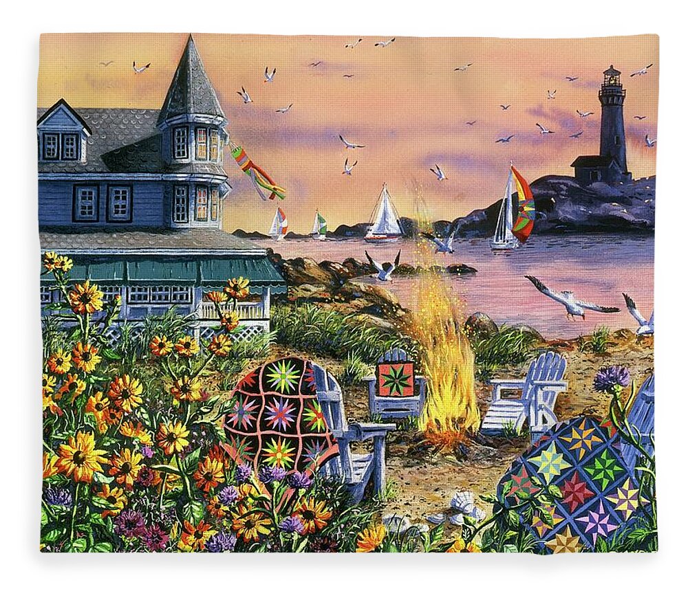 Victorian Home Fleece Blanket featuring the painting By the Sea by Diane Phalen