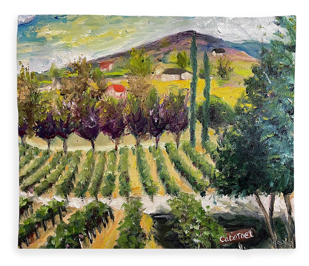 Oak Mountain Fleece Blanket featuring the painting Cabernet Lot at Oak Mountain Winery by Roxy Rich