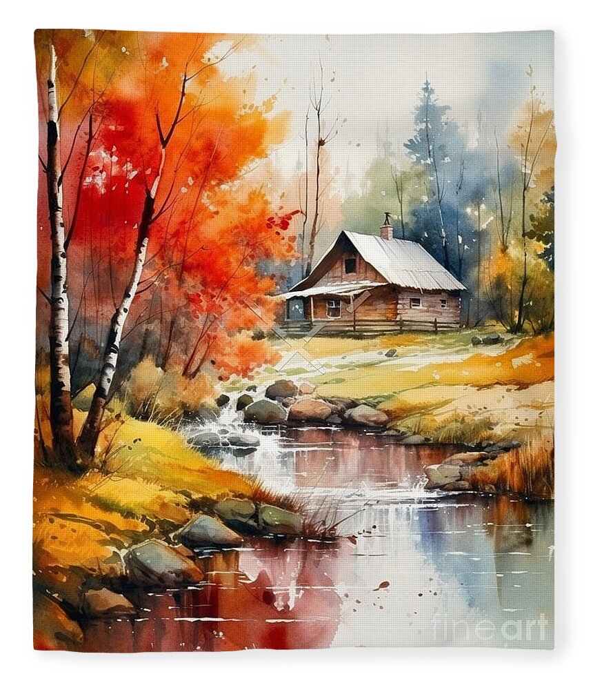 Cabin And Stream Ii Fleece Blanket featuring the mixed media Cabin and Stream II by Jay Schankman