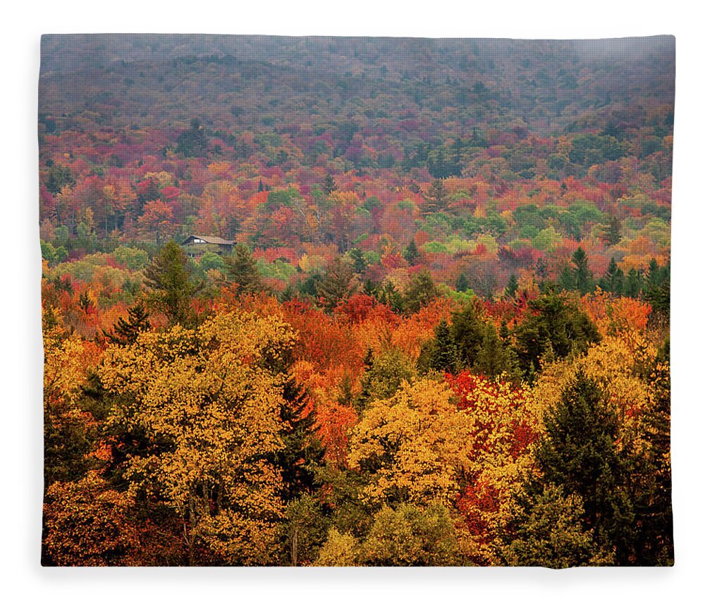 Green Mountains Fleece Blanket featuring the photograph Cabin in Vermont fall colors by Jeff Folger