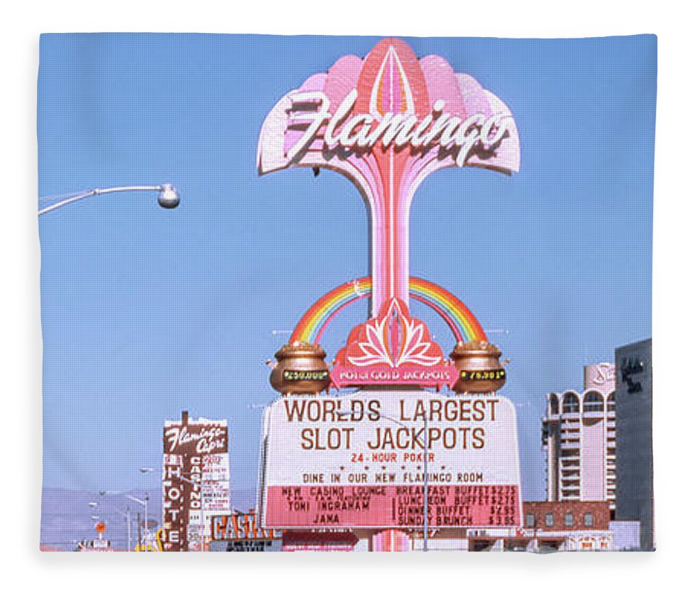 Flamingo Casino Neon Sign Fleece Blanket featuring the photograph Caesars Palace Casino and Flamingo Casino Marquee Signs 1970's 2 to 1 Ratio by Aloha Art