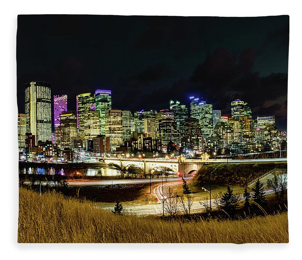 Centre Street Bridge Fleece Blanket featuring the photograph Calgary Downtown by Thomas Nay