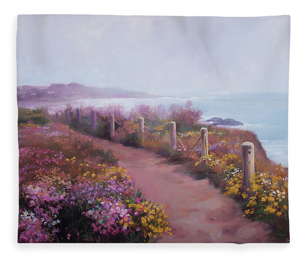 Landscape Fleece Blanket featuring the painting Cambria Shoreline Walkway by Carolyne Hawley