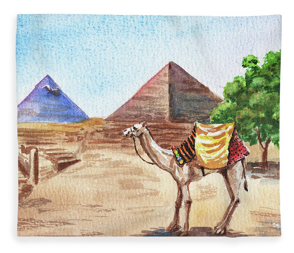 Pyramid Fleece Blanket featuring the painting Camel At Giza Pyramids Egypt Watercolor by Irina Sztukowski