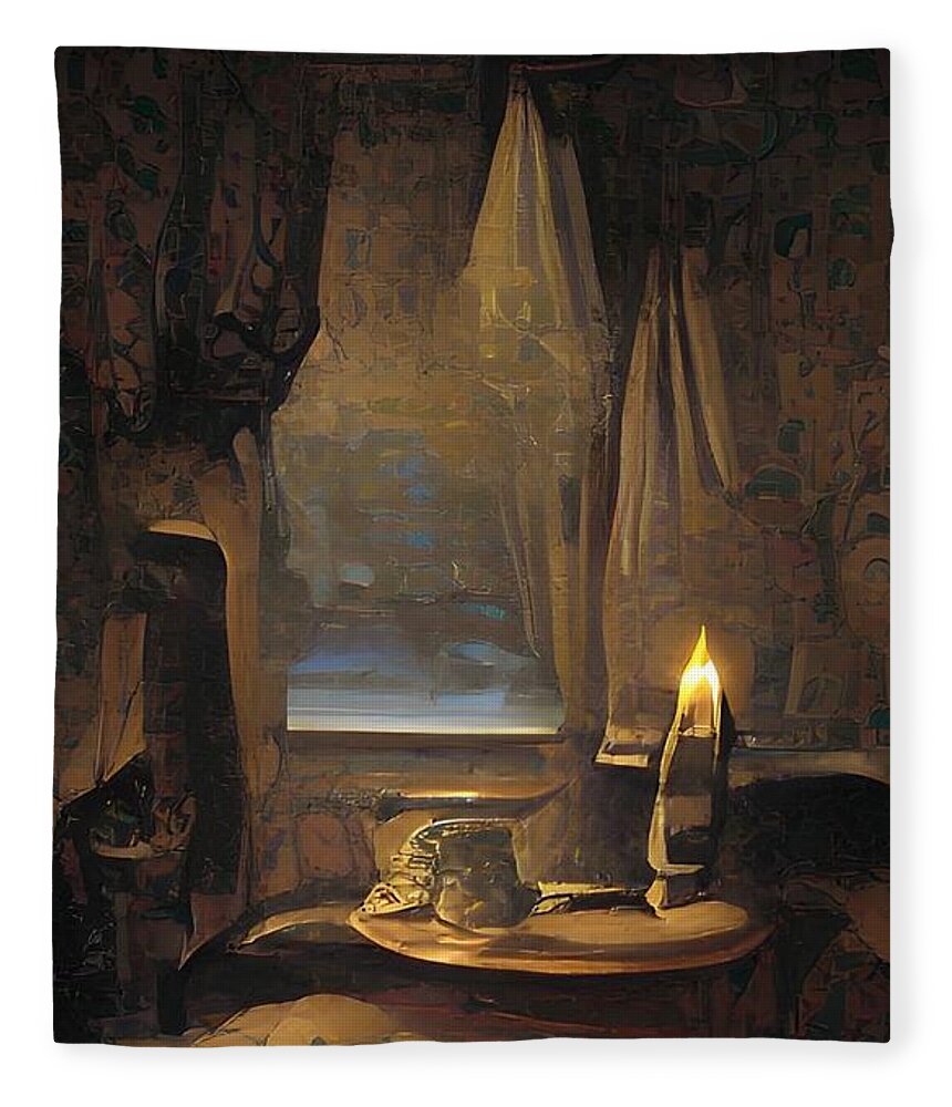 Still Life Fleece Blanket featuring the digital art Candle in a Window vintage still life by Bonnie Bruno