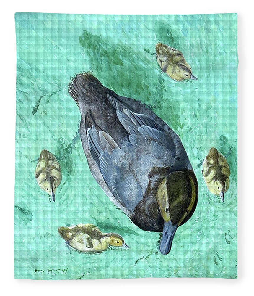 Canvasback Fleece Blanket featuring the painting Canvasback with Young by Barry Kent MacKay