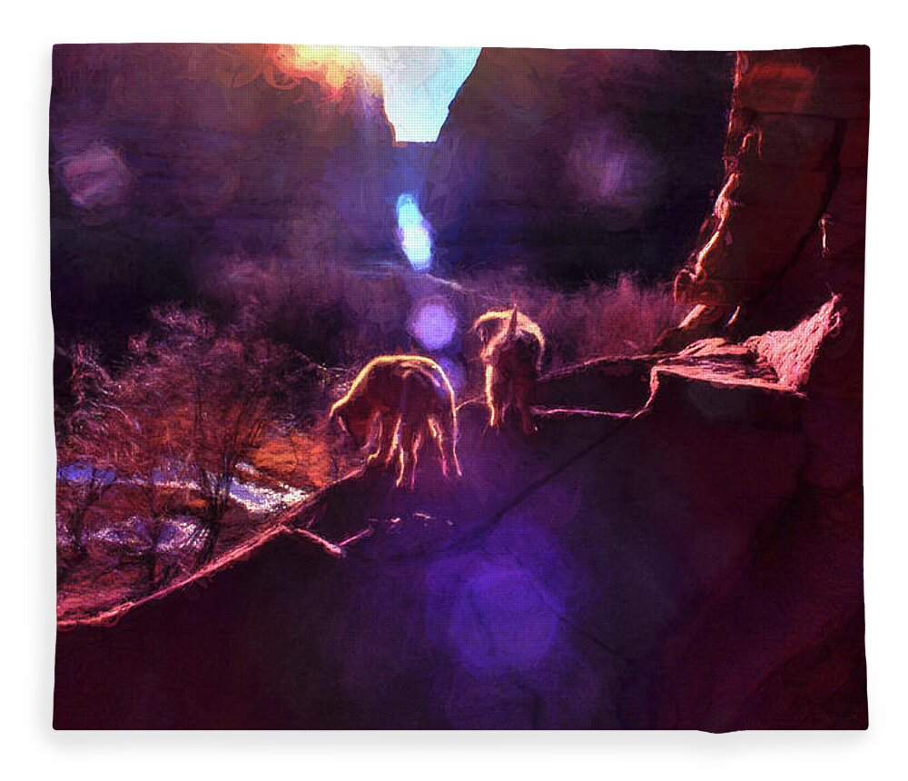 Dechelly Fleece Blanket featuring the photograph Canyon Pups Meet the Dawn by Wayne King