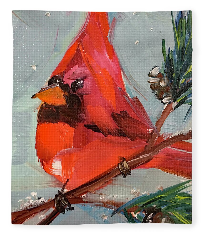 Cardinal Fleece Blanket featuring the painting Cardinal in a Fir Tree by Roxy Rich