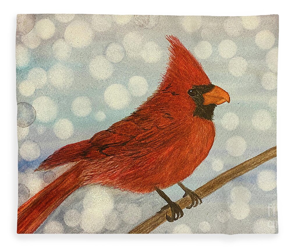 Cardinal Fleece Blanket featuring the painting Cardinal in Snow by Lisa Neuman