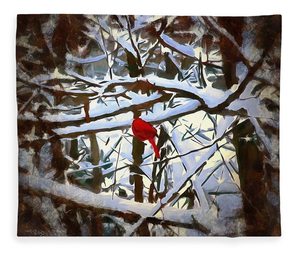 Cardinal Fleece Blanket featuring the mixed media Cardinal in the Snowy Trees by Christopher Reed