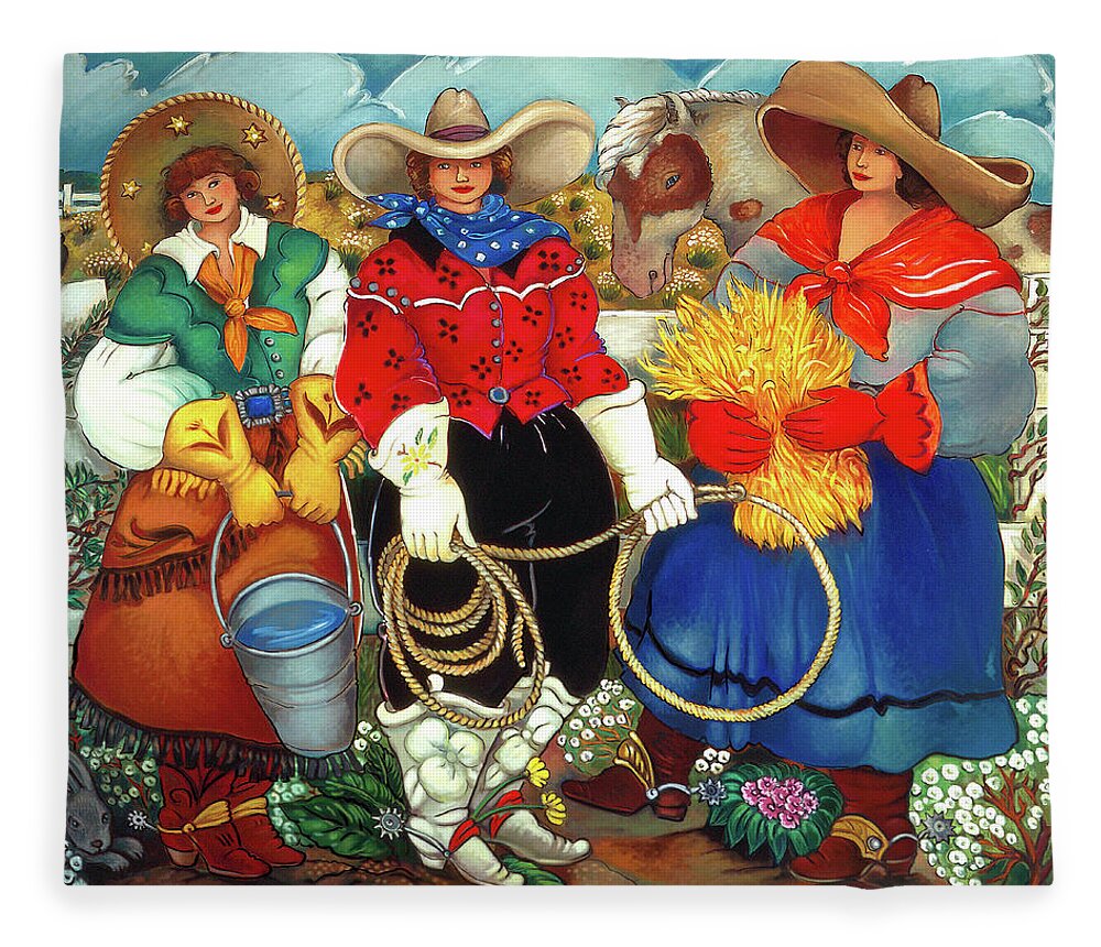 Cowgirls Fleece Blanket featuring the painting Caretakers by Linda Carter Holman