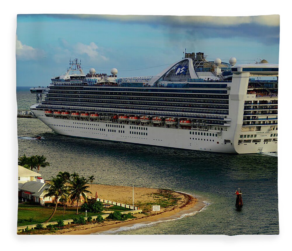 Cruise Ship; Skies; Clouds; Water; Landscape; Color; Travel Fleece Blanket featuring the photograph Caribbean Princess #1 by AE Jones