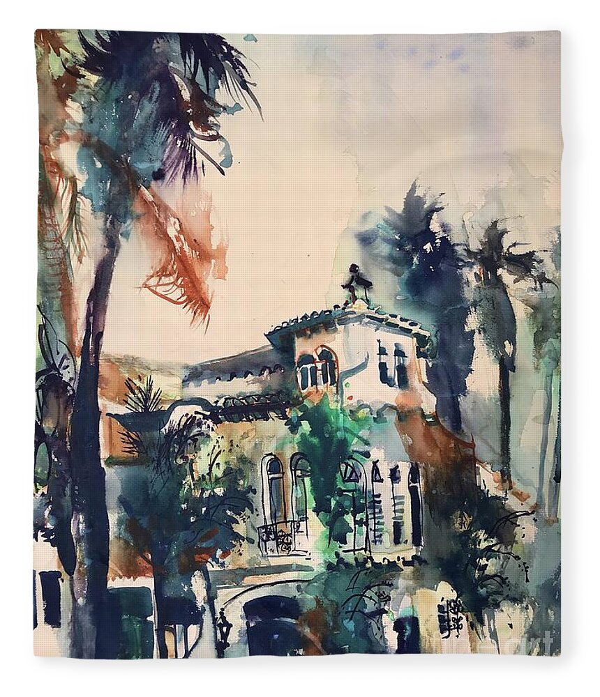 #palms #trees #carlsbad #california #watercolor #watercolorpainting #glenneff #neff #thesoundpoetsmusic #picturerockstudio #spanish #architecture Www.glenneff.com Fleece Blanket featuring the painting Carlsbad Palm Trees by Glen Neff